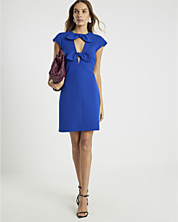 Blue Plunge Neckline Bow Mini Dress