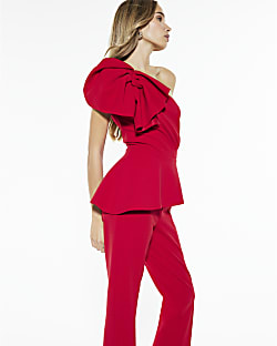 Red Sleeveless Asymmetric Ruffle Jumpsuit