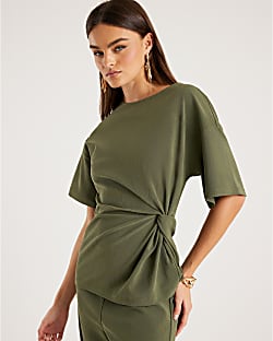 Khaki Short Sleeve Twist Detail Top