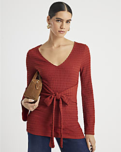Red Textured Long Sleeve Tie Waist Top