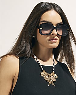 Black Square Metal Trim Detail Sunglasses