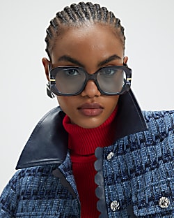 Blue Square Metal Trim Sunglasses