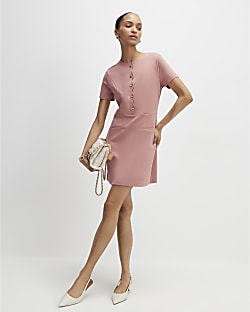 Pink Short Sleeve Scallop Trim Mini Dress