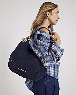 Navy Branded Eyelet Slouch Shoulder Bag