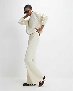 Cream Stretch Wide Leg Trousers