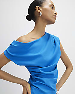 Blue Sleeveless Ponte Drape Top