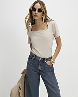 Beige Square Neck Fitted T-shirt