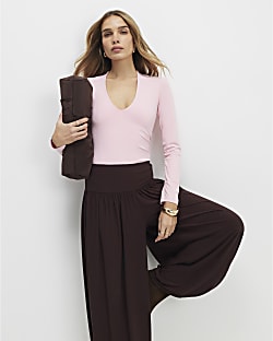 Pink Plunge Neckline Long Sleeve Bodysuit