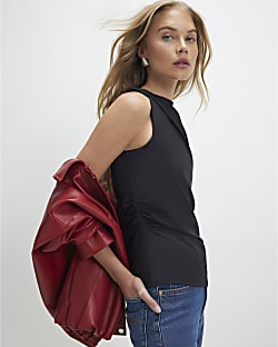 Black Sleeveless Slash Neck Top