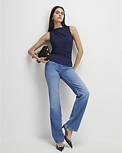 Navy Sleeveless Slash Neck Top