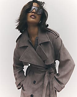 Brown Faux Suede Belted Trench Coat