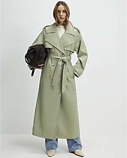 Green Faux Leather Belted Trench Coat