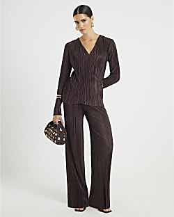 Brown Plisse Wide Leg Trousers
