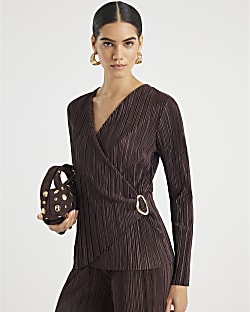 Brown Long Sleeve Plisse Wrap Top