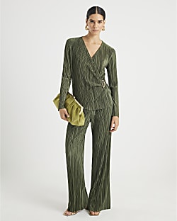 Khaki Plisse Wide Leg Trousers