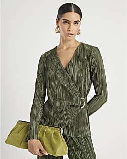 Khaki Long Sleeve Plisse Wrap Top