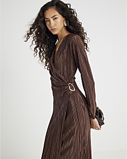 Brown Plisse Long Sleeve Wrap Midi Dress