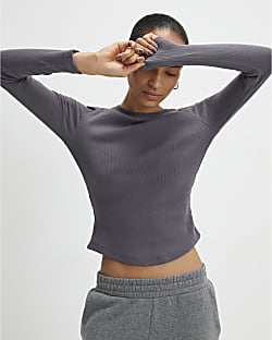 Grey Long Sleeve Ribbed Crew Neck Top