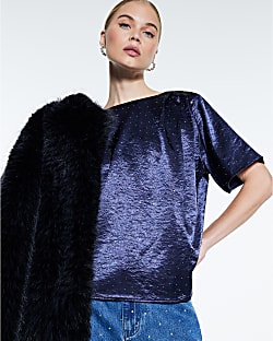 Blue Satin Diamante Short Sleeve T-shirt