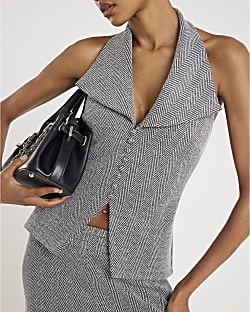 Grey Herringbone Sleeveless Halter neck Top