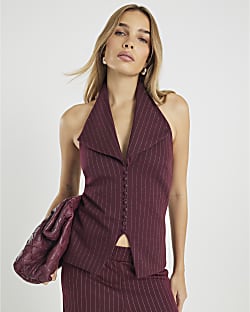 Red Pinstripe Halter Neck Top