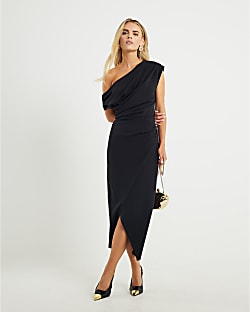 Petite Black Asymmetric Drape Wrap Midi Dress