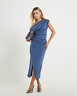 Petite Blue Asymmetric Drape Wrap Midi Dress