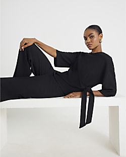 Black Short Sleeve Textured Tie T-shirt