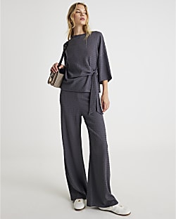 Grey Textured Wide Leg Trousers