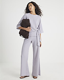 Grey Textured Wide Leg Trousers