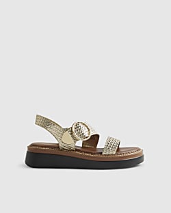 Gold Woven Buckle Flatform Sandals