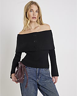 Black Knitted Long Sleeve Bardot Jumper