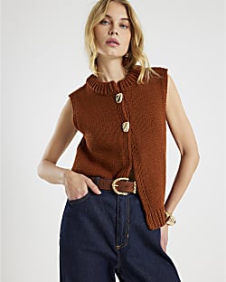 Brown Sleeveless Button Up Cardigan