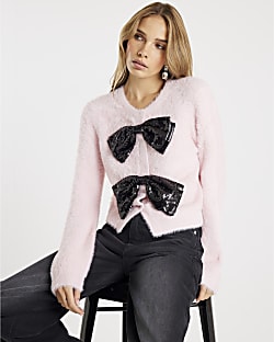 Pink Long Sleeve Sequin Bow Fluffy Cardigan