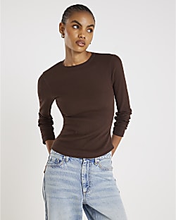 Brown Long Sleeve Ribbed Crew Neck Top