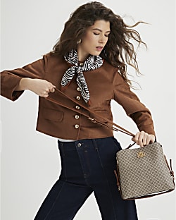 Beige Monogram Print Bucket Bag