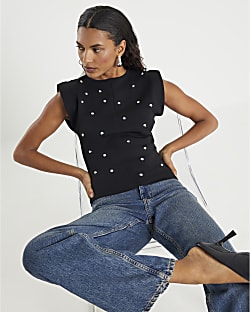 Black Knit Sleeveless Studded Fitted Top