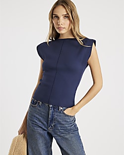 Navy Knit Fitted Sleeveless Top