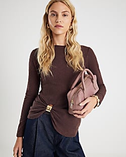 Brown Long Sleeve Textured Trim Hem Top