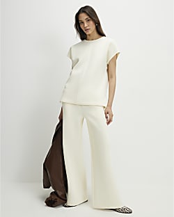 Cream Premium Twill Wide Leg Joggers