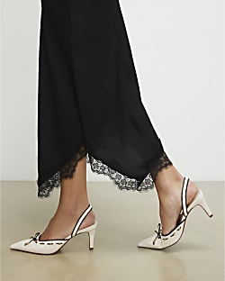 White Piped Bow Sling back Court Heels