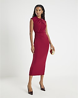 Red Sleeveless Gold Detail Ruched Midi Dress