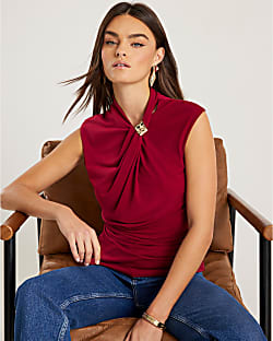 Red Sleeveless Ruched Gold Detail Top