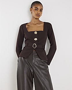 Brown Long Sleeve Belted Mixed Button Blazer