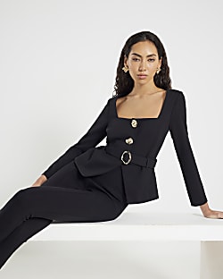 Black Long Sleeve Belted Mixed Button Blazer