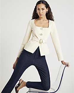 Cream Long Sleeve Belted Mixed Button Blazer