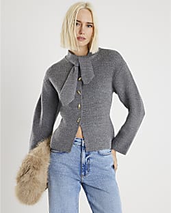Grey Knitted Tie Neck Cardigan
