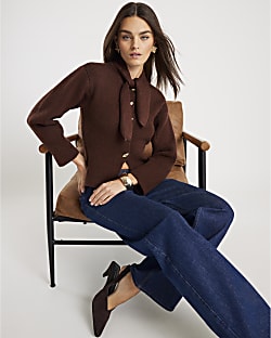 Brown Knitted Tie Neck Cardigan