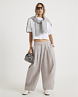 Beige Poplin Barrel Leg Trousers