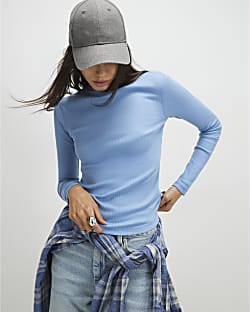 Blue Long Sleeve Ribbed Crew Neck Top